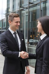 A business collaboration between two people. A man in a suit is shaking hands with a woman in a professional dress. Showing a successful job offer and a bright future.