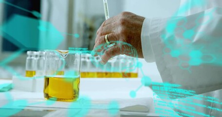 Poster - Animation of data processing with molecules and brains over caucasian male scientist working in lab