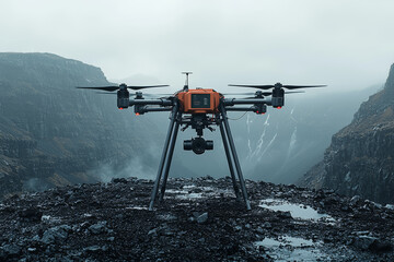 Wall Mural - A drone collecting data from a remote environmental site. Concept of innovative field research technologies.