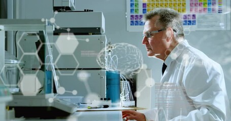 Wall Mural - Animation of data processing with molecules and brains over caucasian male scientist working in lab