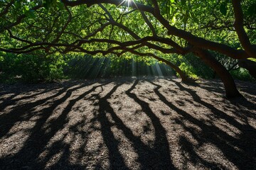 Poster - Sunlight pierces through the dense canopy of tree branches, casting intricate shadows on the forest floor in a serene and peaceful natural setting.