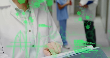 Poster - Animation of data processing with chemical formula over diverse doctors in hospital