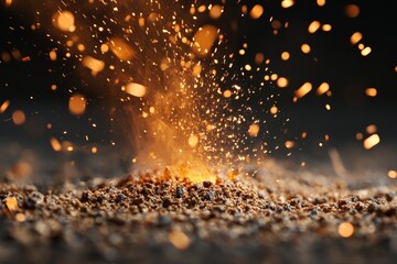 Aufkleber - A dynamic close-up of golden particles igniting in the air, showcasing the explosion and dispersal of glowing elements, emphasizing motion and light against a dark background.