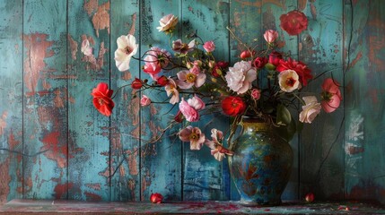 Poster - Blooms in vase on antique painted wood surface