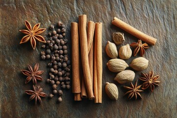 Aufkleber - Various spices including cinnamon sticks, star anise, and nutmeg are arranged on a textured stone surface, showcasing a beautiful and flavorful culinary display.