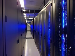 Poster - A corridor filled with server racks illuminated by vibrant blue lights, showcasing technology and data storage innovation.