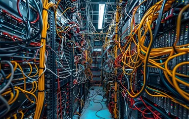 Poster - A detailed view of a server room filled with tangled cables and advanced technology equipment for data management.