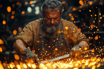 Wall Mural - A blacksmith forging a sword in a fiery workshop. Concept of craftsmanship and weapon-making in the Middle Ages.