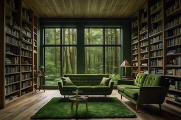 Serene forest inspired reading room with wooden bookshelves, green moss style walls, green furniture and large windows overlooking a forest.