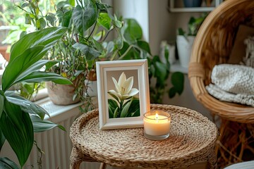 Sticker - White Flower Framed Print, Lit Candle, and Wicker Table