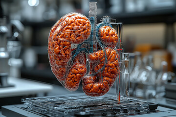 Poster - A 3D-printed organ model being studied in a lab. Concept of breakthroughs in biomedical research.