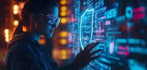 Poster - A focused individual interacts with a futuristic interface, showcasing technology and digital innovation in a cyber environment.