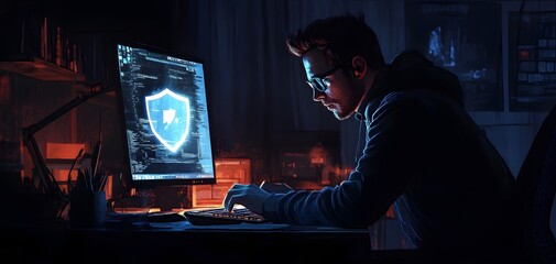 Poster - A focused individual working late at night on cybersecurity tasks, immersed in technology and data protection.