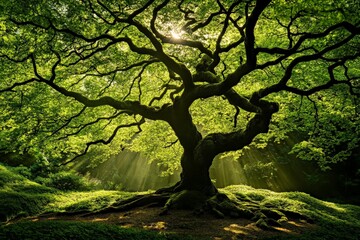 Poster - A beautifully sunlit tree showcases its spreading branches and lush green leaves, with sunlight streaming through, providing an awe-inspiring view of nature's splendor.