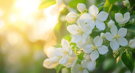 Wall Mural - White flowering plants basking in warm sunlight during a serene spring afternoon