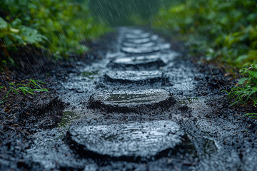 Sticker - Footsteps on a muddy path after a rainstorm, showing the impact of weather on the environment. Concept of weather effects and nature trails.