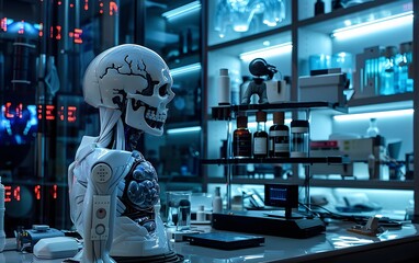 Poster - A futuristic lab featuring a robotic skeleton with intricate designs, surrounded by advanced technology and laboratory equipment.