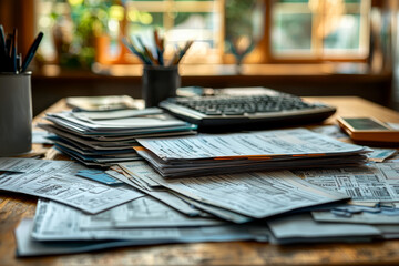 Sticker - An office desk cluttered with financial documents and receipts, showing the complexity and disorganization of personal finances. Concept of financial paperwork and organization.