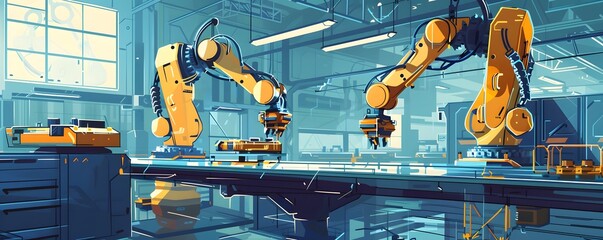 Poster - A futuristic manufacturing scene showcasing robotic arms working efficiently in a high-tech industrial environment.
