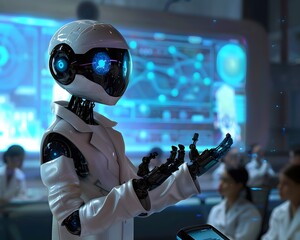 Poster - A futuristic robot in a lab setting, showcasing advanced technology and artificial intelligence capabilities.