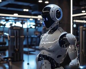 Poster - A futuristic robot stands in a modern gym, showcasing advanced technology and design in a sleek environment.
