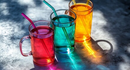 Wall Mural - Colorful cocktails served in mugs with vibrant straws on a textured surface in soft light