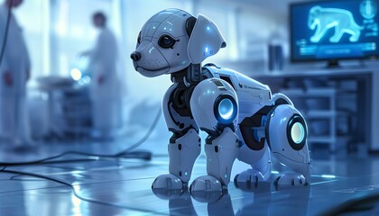 Poster - A futuristic robotic dog in a tech lab, showcasing advanced mechanics and design, blending the line between pet and machine.