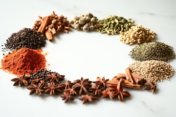 Poster - A visually appealing circular arrangement of spices and herbs showcasing diverse colors and textures, perfect for adding flavor and aesthetic value to culinary creations.