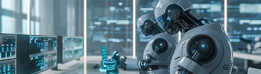 Poster - A futuristic setting featuring advanced robots engaging with a holographic interface, showcasing technology and innovation.
