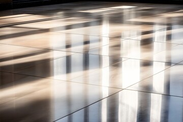 Poster - Sunlight streams through large windows, casting warm reflections and intricate light patterns across a smooth, polished tiled floor, creating a serene and inviting atmosphere.