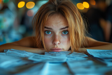 Poster - A person with an overwhelmed expression looking at a pile of student loan statements, reflecting the burden of educational debt. Concept of student loans and financial strain.