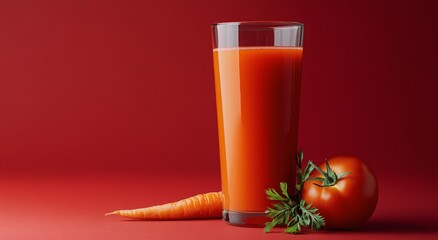 Wall Mural - Freshly prepared carrot and tomato juice served in a clear glass against a vibrant red background