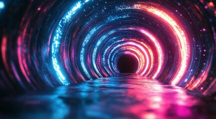 Wall Mural - Colorful swirling vortex with glowing particles and light effects in a dark background