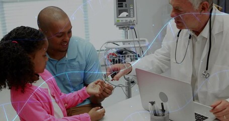 Poster - animation of dna strands over diverse doctor and boy patient in hospital