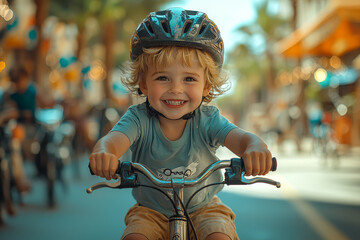 Poster - A child learning to ride a bicycle, symbolizing developmental milestones and skill acquisition. Concept of childhood growth and personal development.