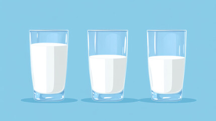 Wall Mural - A set of icons showing glasses of milk. One glass is full, another is half full, and the last one is empty.