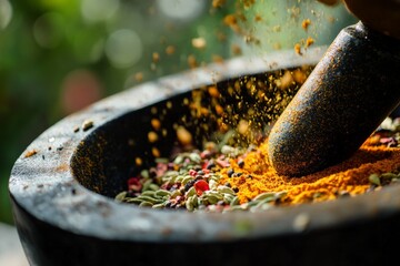 Poster - A close-up of spices being ground in a traditional mortar and pestle, with colorful spice particles in mid-air, exhibiting motion and the essence of fresh seasoning.