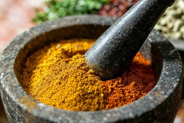 Poster - A detailed shot of a mortar filled with colorful spice powders, capturing the textures and richness of the ingredients, highlighted against a natural stone background.