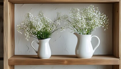 Wall Mural - Minimalist home decor featuring a white jug and vase filled with delicate white flowers against a vintage wall backdrop on a cozy wooden shelf