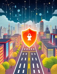 Digital security concept in a vibrant cityscape featuring a shield symbolizing protection on a technology-themed road at night