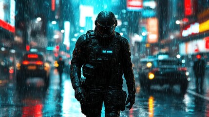 Futuristic Soldier in the Rain