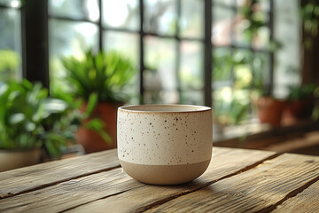 Poster - an unadorned ceramic cup on a plain wooden table, capturing the essence of functional design and und