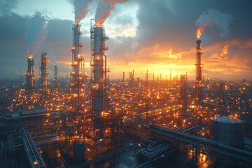 Poster - An oil refinery with distillation columns and storage tanks, highlighting the process of crude oil refinement. Concept of petroleum industry and refining processes.