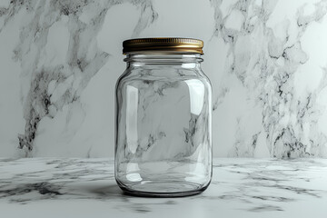 Wall Mural - An empty, unadorned glass jar on a clean counter, illustrating the potential for simplicity in everyday storage. Concept of minimalist containers and practical design.