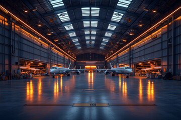 Poster - an aerospace facility with aircraft being assembled and tested, illustrating the aviation industry a
