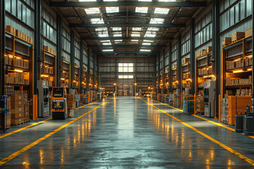 Poster - a warehouse with automated sorting systems and robotic arms, showcasing logistics and supply chain e