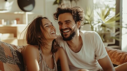 Wall Mural - Couple enjoying a joyful moment together at home in a cozy living room filled with plants in bright natural light