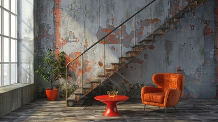 Wall Mural - Interior with old stairs and red table, orange chair