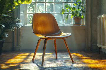 Poster - a single, unembellished wooden chair in a sunlit room, highlighting the essence of straightforward d
