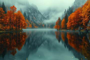 Poster - A scenic lake reflecting the rich autumn colors of the surrounding trees, with a misty morning fog hovering above. Concept of serene autumn scenery.